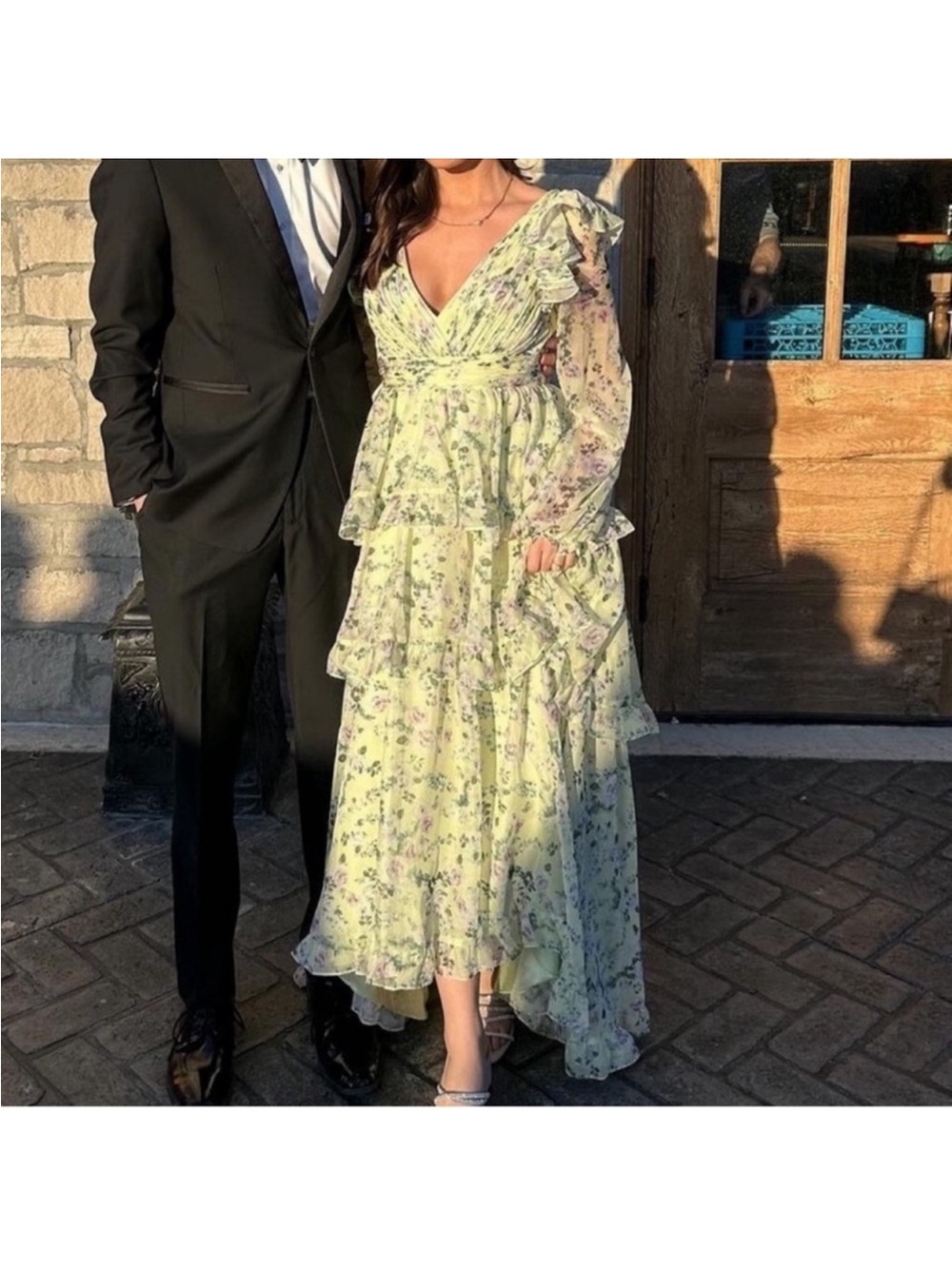Mac Duggal Green Floral Ruffled V Neck Chiffon Maxi Gown Formal Evening Dress 4